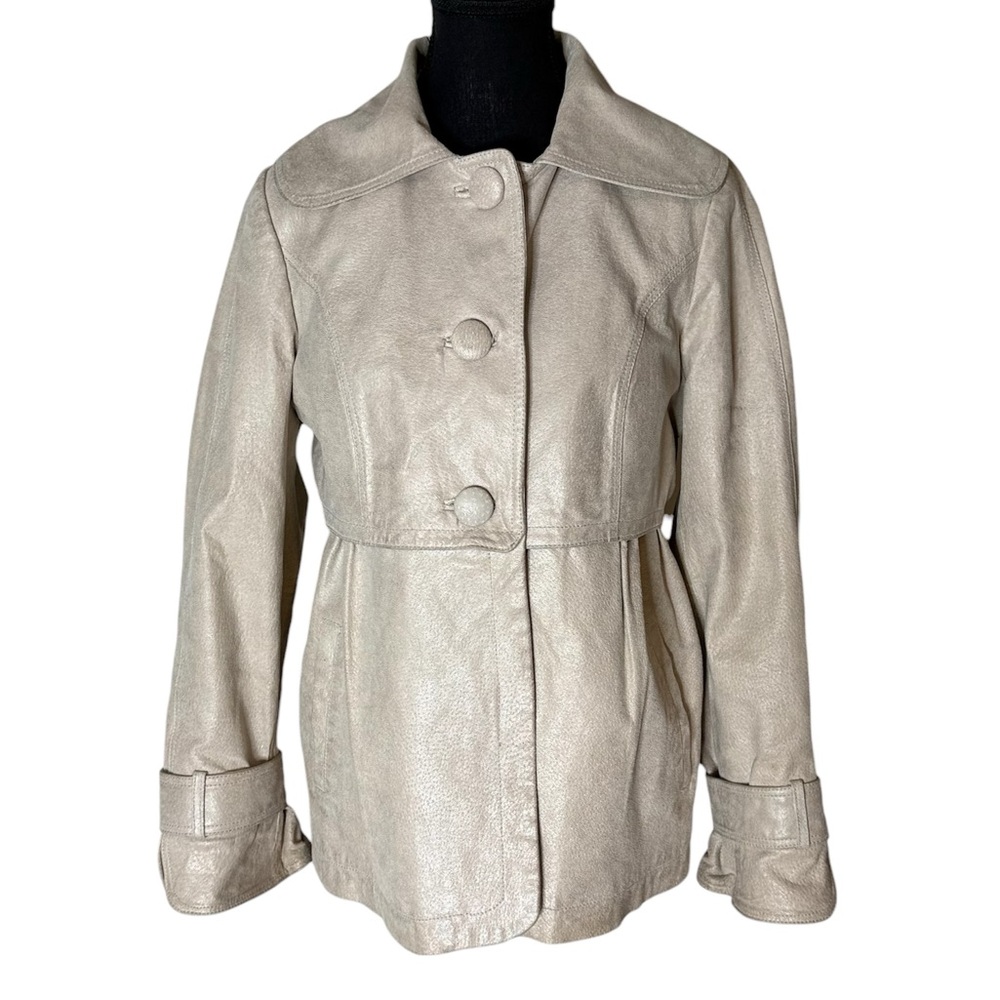 BERNARDO Cream Metallic Leather Swing Jacket Button Closure Pockets Size Medium - Picture 2 of 16